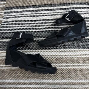 Sorel Sandals Womens Size 9 Black Leather Joanie II‎ Ankle Strap Wedge Lug Sole